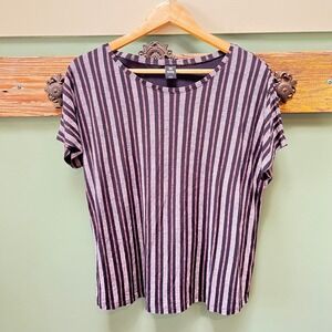 Hering Womens Striped Viscose Short Sleeve Scoop Neck Boxy Top Black Mauve Small